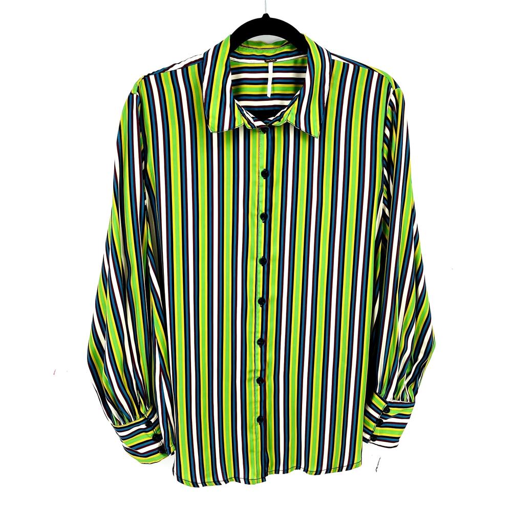 Free People Striped Button Front Shirt Top Womens Size Small Collared Satin